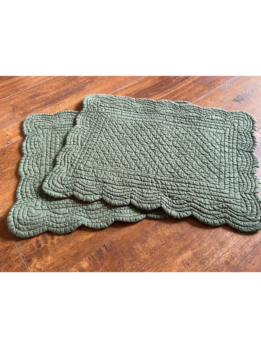 Set of 2 Olive Green Quilted Placements with Scalloped Edges